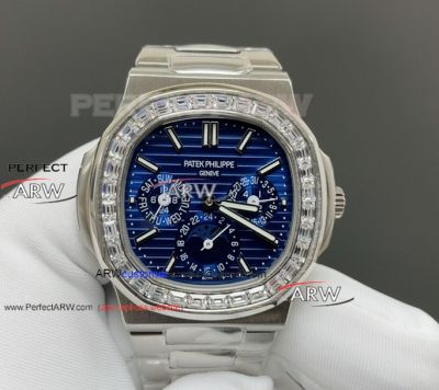 PPF Swiss Replica Patek Philippe Nautilus Perpetual Calendar Blue Dial Diamond Bezel Steel Watch 